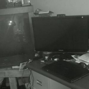 My 3 monitors: From left to right: 43" Gateway 2000, 27" Samsung HD Widescreen, 19" LCD Flatpanel. Acer i7  17.3" lappy