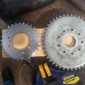 2013/06/07
Sprocket on right is kit supplied 44T, sprocket on left is Sick Bike Parts 30T shift Kit sprocket that I purchased from them for about $7