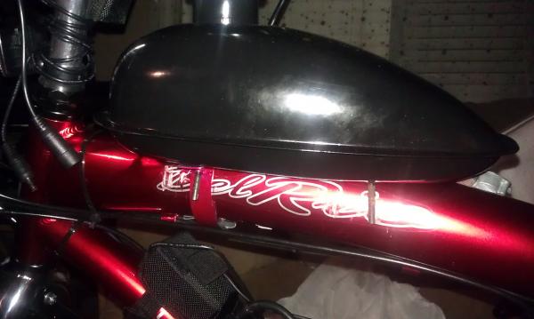 Bracket on gas tank that I made, and painted to match, yep u guessed it, I was bored!! LOL