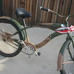 custom painted beach cruiser, P-40 flying tigers. headlight was painted to resemble a checker pattern spinner