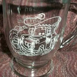 Glass etching I did of Mayor. If you have never seen Walt Disney's "Cars" you are missing out!