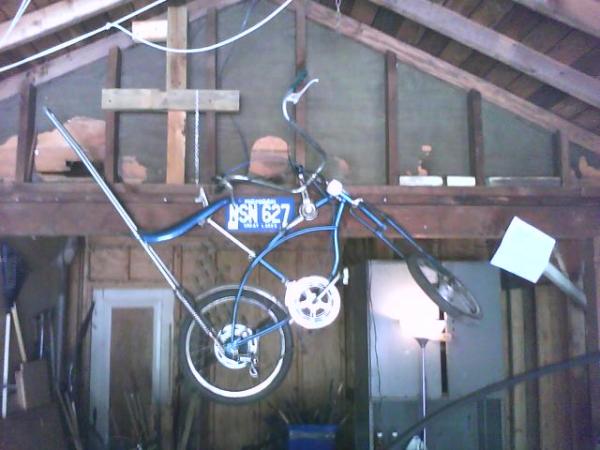 at least part of it is an old Schwinn Stingray. It was rotting in the garage when I moved in. I felt like the luckiest kid in the world. 
Disk & drum