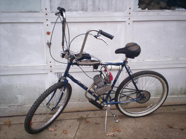 blue shwinn replaced the red schwinn & the frame broke under the gas tank by the tank mounts then I took it almost apart to build HELLBIKE