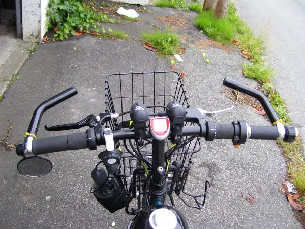 Build #1 - My handlebars.. from left to right:  end mounted mirror, bar end, grip, front-set twist shift, clutch lever, AirZound air horn, Greenius LE