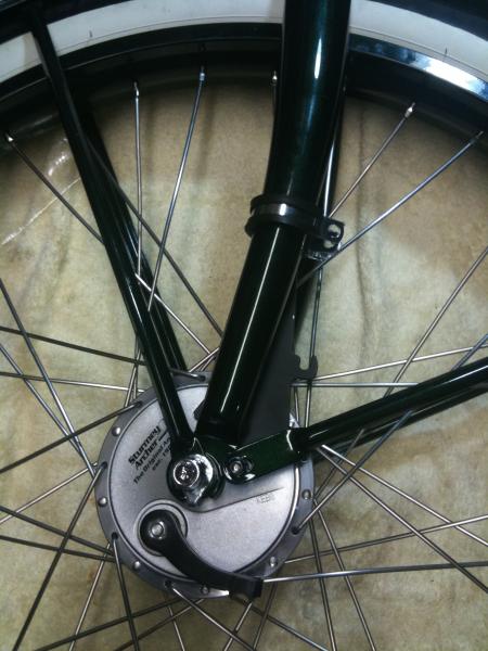 Front wheel relaced with a Archer Sturmy internal brake.