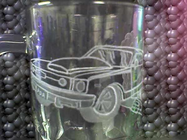 Glass etching I did front of car on mug.