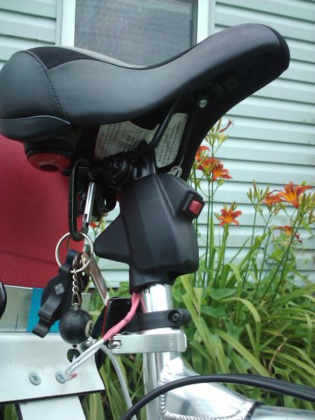 Showing the Kill switch mounting and position. I used the throttle housing from the weed wacker to mount it under my seat post. soon itll house anther