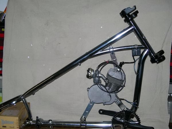 The first step in this build was to strip the bicycle components from the frame. The engine configuration was determined and the mounts were fabricate