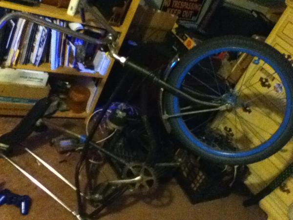 This is the whole bike again with just the front end assembled together. I put the front wheel on, front fender, speedometer and all the nuts and bolt
